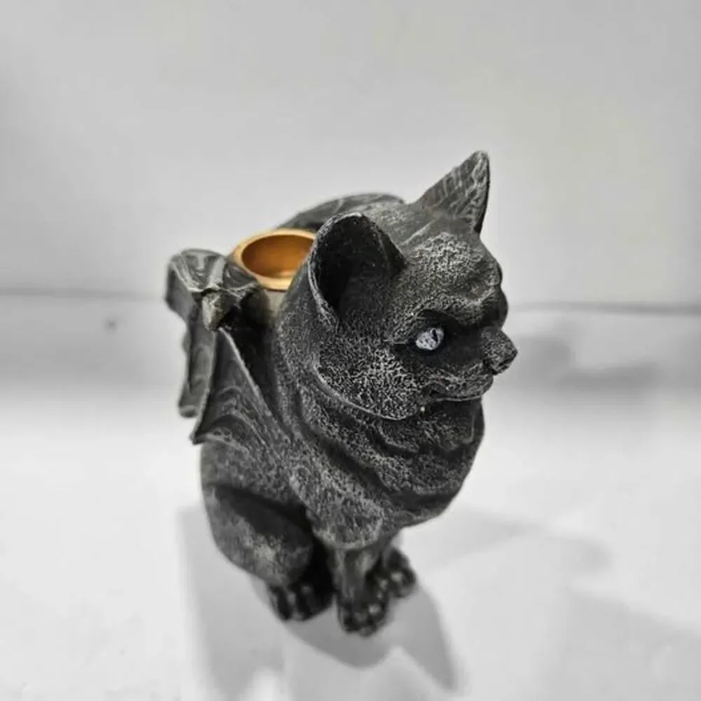Gothic Winged Cat Gargoyle Tea Light Candle Holder
